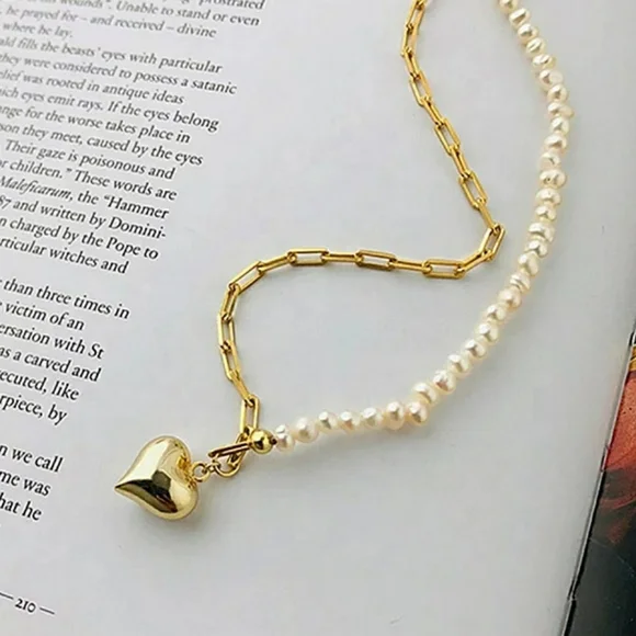 NEW 18K Gold Plated Real Baroque Pearl Chain Link Heart Pendant Choker Necklace - Picture 1 of 11